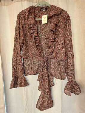 Guess Floral Ruffle Tie-Front Blouse - Red Multi XL